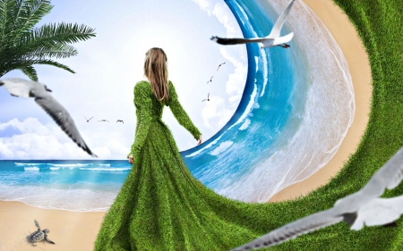 Mother nature - bird, summer, blue, beach, dress, girl, sea, creative, mother nature, fantasy, green, woman, seagull, wave