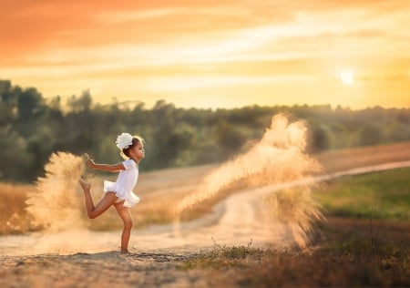 Dancing with the dust - fetita, girl, copil, orange, child, dust, white, little, dance