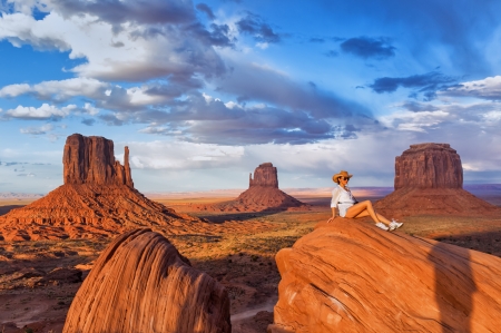 Monument Valley - woman, sky, girl, hat, cowgirl, monument valley, cloud, blue, orange