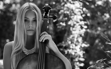 Beauty with cello - black, instrument, white, woman, girl, bw, blonde, cello