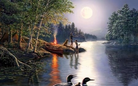 Fishing by the moon - Moon, paint, art, fishing