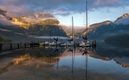 sailboat marina in a beautiful fjord - fjord, clouds, marina, mountains, sailboats