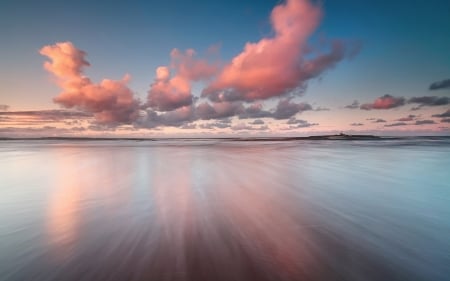 gorgeous pink clouds over sea - reflections, lighthouse, clouds, pink, sea