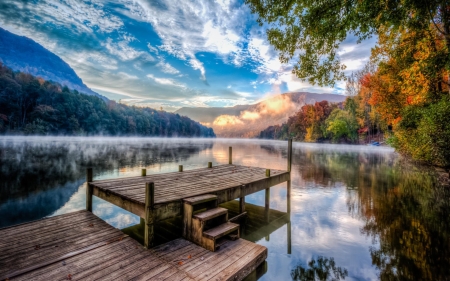 stunning lake lake landscape hdr - pier, lake, clouds, mountains, hdr, docks