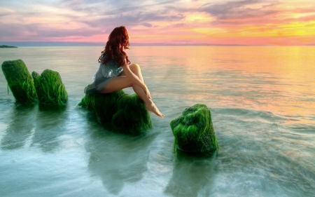 beautiful red haired girl enjoying ocean sunset hdr - girl, moss, hdr, sunset, red hair, sea, rocks