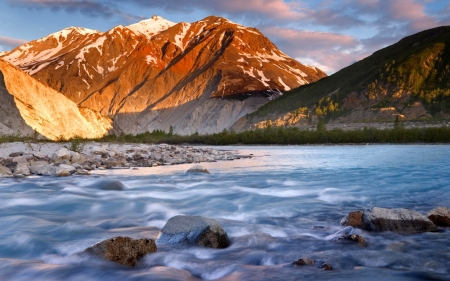 beautiful flowing river - sunshine, flowing, river, mountains, rocks