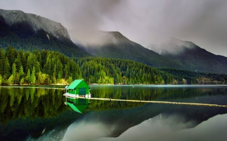 boat house on lake capilano in north vancouver - clouds, forests, boat house, lake, mountains