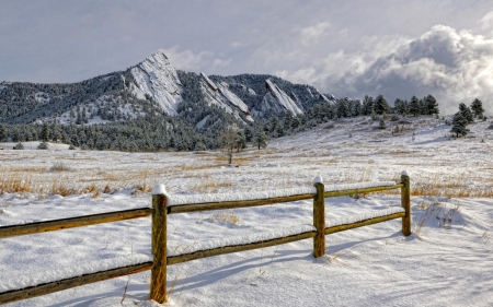 wonderful winter scene in colorado - mountains, meadow, winter, fence, clouds, snow