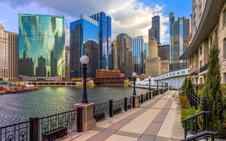 the chicago river hdr - river, hdr, skyscrapers, city, walkway