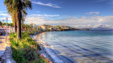 city on the shore hdr - beach, trees, city, hdr, sea