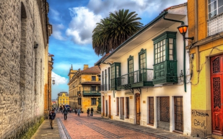 street in a colombian town hdr - houses, street, town, people, clouds, tree, hdr