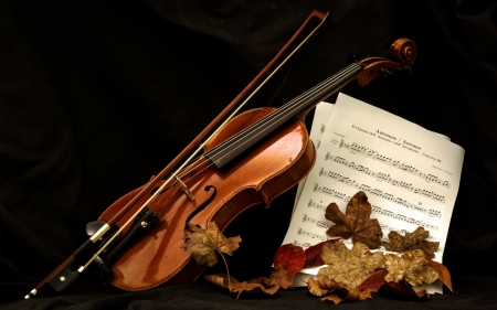 Autumn - songbook, instrument, violin, artwork, still life, leaves