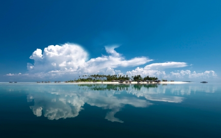 beautiful exotic tropical island - reflections, clouds, trees, beach, island, sea