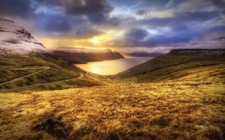 gorgeous faroe island landscape hdr - sunset, hdr, road, island, grass, meadow, bay