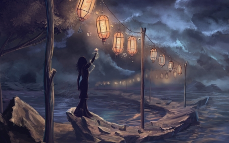 Seascape Lanterns - illustration, fantasy, lanterns, painting, artwork, seascape