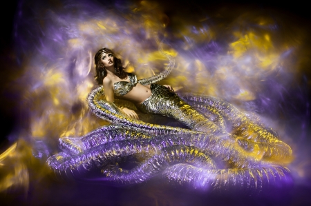 Snake Goddess - tail, women, purple, snake, crown, gold