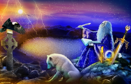 Concoursceltique - merlin, magical, water, fantasy, rocks, wolf, art, beard, eagle, blue, man, lightening