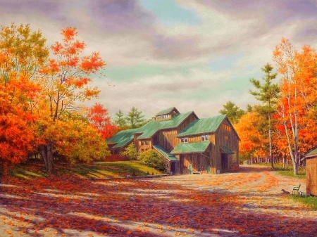 The Barn in Autumn - attractions in dreams, autumn, trees, draw and paint, autumn beauty, love four seasons, fall, leaves, paintings, colors, barns