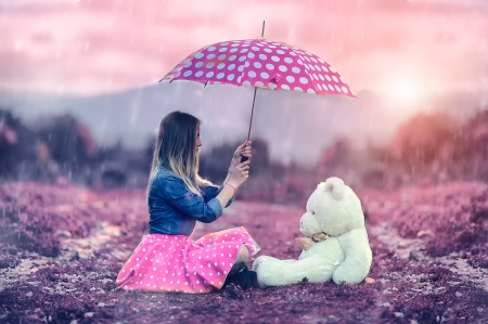 Me and Teddy - Alessandro Di Cicco, blue, girl, pink, white, umbrella, woman, model, dot