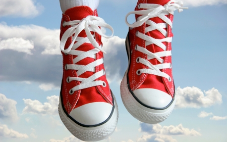 Red and white sneakers - shoes, white, summer, blue, red, cloud, sneakers, sky