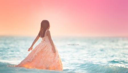 Summer moment - fetita, water, summer, blue, dress, girl, sea, ocean, pink, copil, child, meg bitton, little