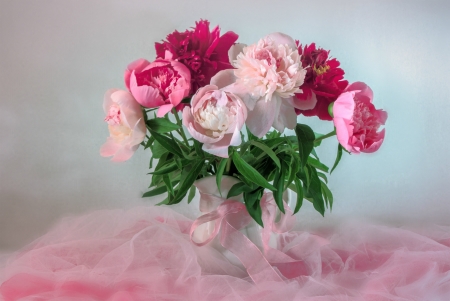 Peonies - red, pink, peony, green, still life, vase, flower