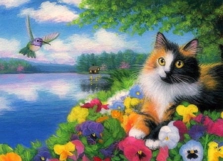 Cat on the Shore - attractions in dreams, draw and paint, animals, spring, pansies, kitten, lakes, love four seasons, hummingbird, cats, paintings, flowers, cute