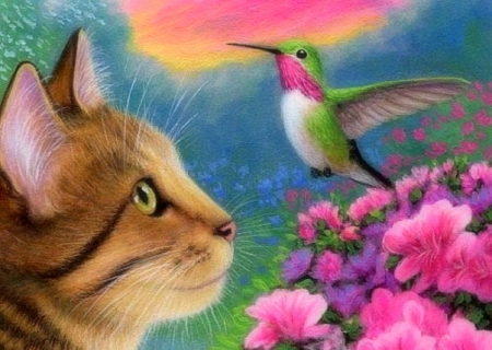 Tabby Cat & Hummingbird - attractions in dreams, cat, draw and paint, animals, spring, bird, love four seasons, art, hummingbird, cats, paintings, flowers, garden, cute, birds