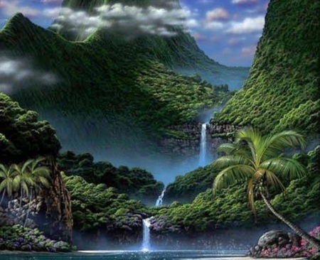 Mountains Falls - nature, trees, clouds, waterfalls, mountains, palm