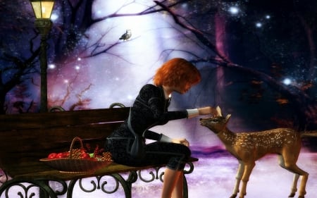 Sweet Fawn - woman, evening, 3d, bench, lights