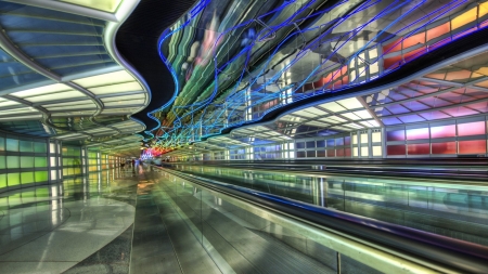 modern airport walkway escalator - escalator, neon, modern, walkway