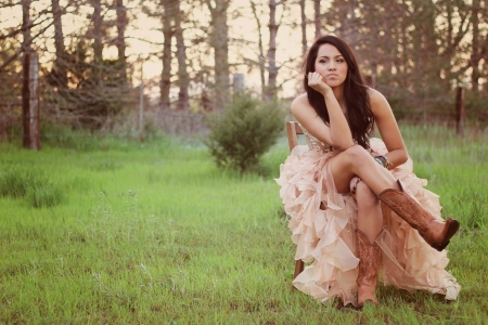 Girl In Prom Dress With Boots - boots, girl, grass, outdoors