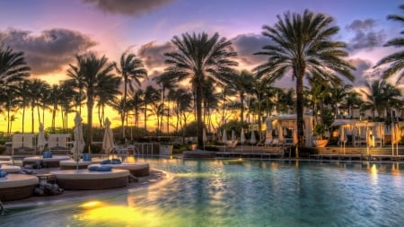 fabulous tropical resort pool at sunset hdr - umbrelas, trees, sunset, hdr, pool, resort