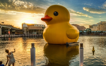 giant yellow duck in the harbor hdr - duck, giant, town, mother, harbor, hdr, child