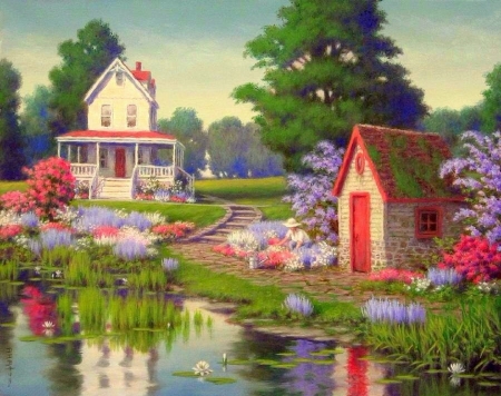 Enchanting Homestead - attractions in dreams, houses, summer, gardens, love four seasons, home, paintings, flowers, pond