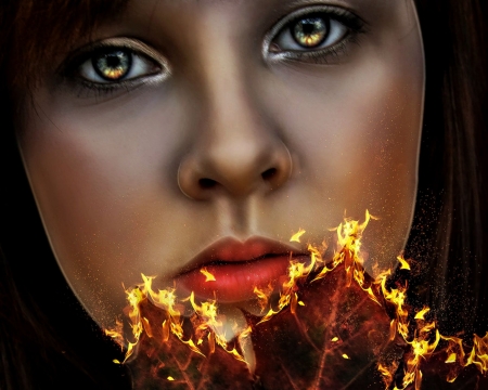 In flames - yellow, girl, eyes, flame, orange, veelu21, fantasy, fire, autumn, woman, face, leaf, art, luminos