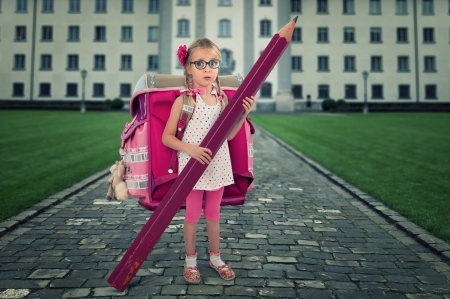 Her first day at school - glasses, girl, first day of school, fetita, child, copil, funny, creative, fantasy, pencil, milla, john wilhelm, situation, pink, blonde, little