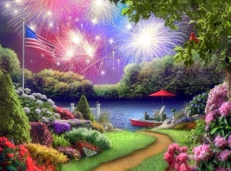 Peaceful Celebration - flag America, attractions in dreams, parks, flowers, boats, butterfly designs, nature, lakes, love four seasons, fireworks, walkway