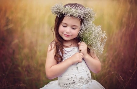 Little girl - girl, fetita, child, summer, field, copil, white, cute, flower