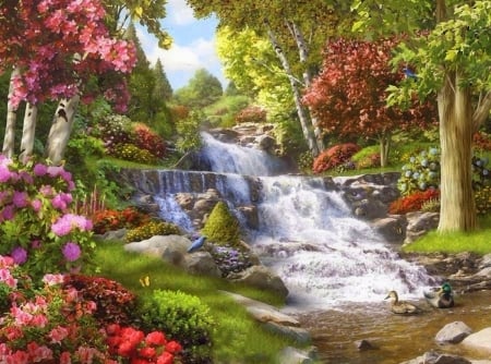 Falls Somewhere - trees, waterfalls, attractions in dreams, falls, parks, flowers, butterfly designs, nature, love four seasons, ducks