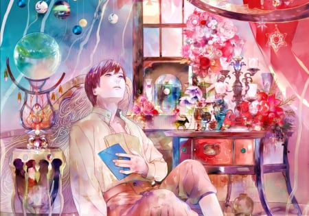 Dreaming with open eyes - flower, book, pink, interior, anime, blue, manga, art, saiga tokihito, room, man