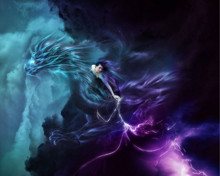 DRAGON WOMAN - ELECTRIFYING, CLOUDS, SKY, FEMALE, DRAGON, NIGHT, COLORFUL