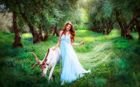 Beautiful Day - animal, woman, green, trees