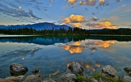 golden clouds reflected in a lake hdr - lake, forest, rocks, reflection, clouds, mountain, hdr