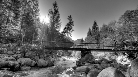 footbridge over rocky river in BW - river, forest, BW, mountain, rocks, bridge