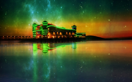 green sunset over majestic pier - sunset, green, sea, stars, building, pier