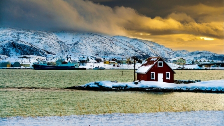 harbor town in winter - town, winter, harbor, bridge, boat