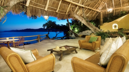 fantastic tropical living room - view, chairs, pool, sea, dusk, living room