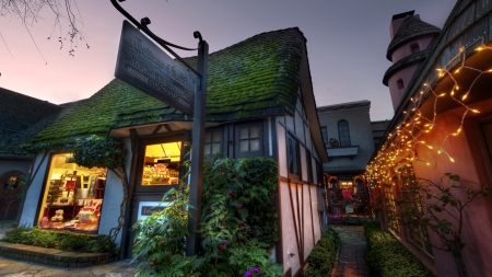 lovely sweets shoppe hdr - alley, shoppe, lights, hdr, chocolate, dusk