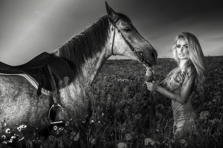 Sweet Friend - women, clouds, friendship, field, love, horse, sky